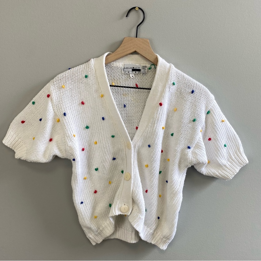 80s Calamity Jayne knit Short Sleeve Cardigan with rainbow dot Embroidery